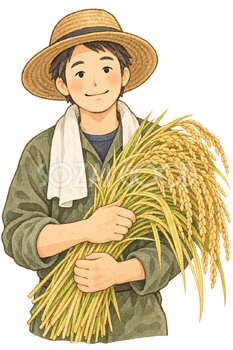 稲穂を持つ農家男性の水彩イラスト｜新嘗祭の無料素材 106282