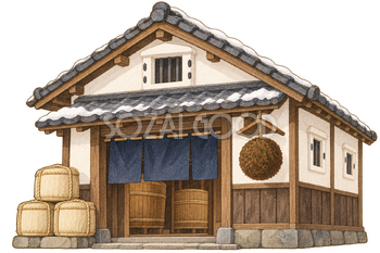 酒蔵の小さな建物の水彩イラスト｜新酒の無料素材 106291