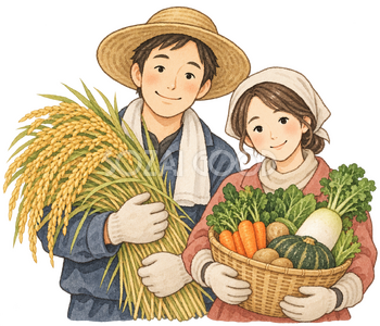 収穫を喜ぶ農家夫婦の水彩イラスト｜新嘗祭の無料素材 106295