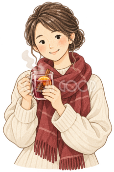 マグを持つ女性の水彩イラスト｜ホットワインの無料素材 106306