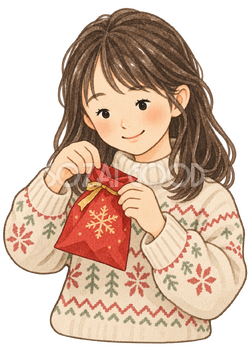 小袋を開ける女の子の水彩イラスト｜アドベントカレンダーの無料素材 106314