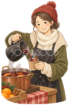 冬の屋台で注ぐ店員の水彩イラスト｜ホットワインの無料素材 106315