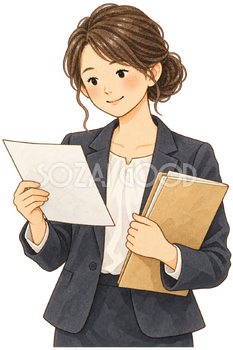 書類を確認する女性会社員の水彩イラスト｜年末調整の無料素材 106326