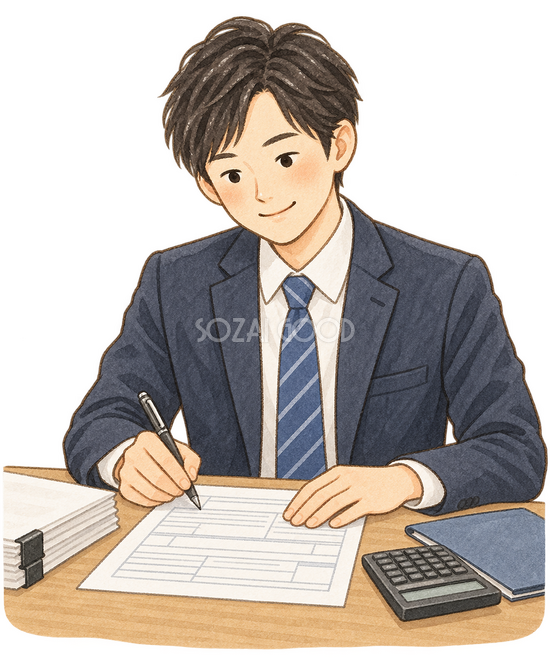 書類を記入する男性会社員 書類を記入する男性会社員