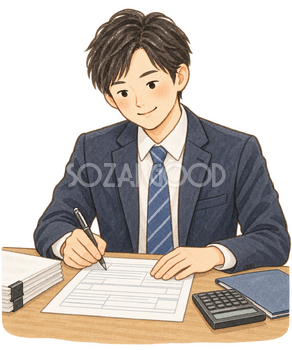 書類を記入する男性会社員の水彩イラスト｜年末調整の無料素材 106327