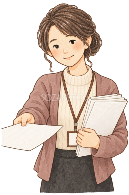 書類を受け取る経理女性 書類を受け取る経理女性