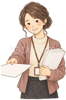 書類を受け取る経理女性の水彩イラスト｜年末調整の無料素材 106329