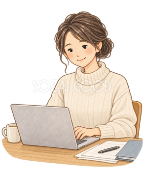 パソコンで申告する女性の水彩イラスト｜年末調整の無料素材 106333