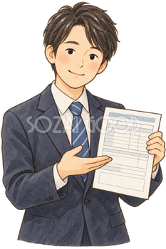 申告を説明する男性の水彩イラスト｜年末調整の無料素材 106335