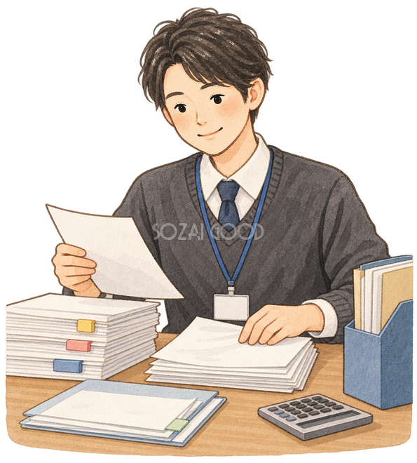書類を整理する経理男性 書類を整理する経理男性