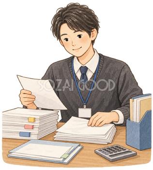 書類を整理する経理男性の水彩イラスト｜年末調整の無料素材 106339