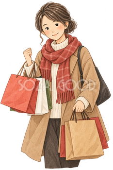 歳末の買い物をする女性の水彩イラスト｜年末セールの無料素材 106340
