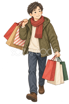 歳末の買い物をする男性の水彩イラスト｜年末セールの無料素材 106342