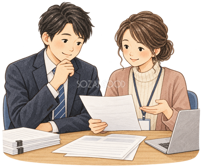 書類を相談する会社員二人 書類を相談する会社員二人