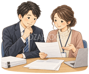 書類を相談する会社員二人の水彩イラスト｜年末調整の無料素材 106343