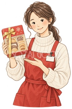 商品を紹介する店員の水彩イラスト｜年末セールの無料素材 106344
