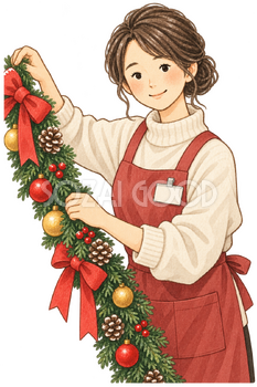 冬の売り場を飾る店員の水彩イラスト｜年末セールの無料素材 106350
