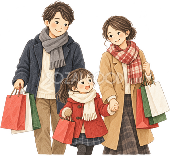 年末の買い物をする家族の水彩イラスト｜年末セールの無料素材 106351