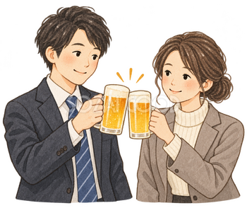 乾杯する会社員男女の水彩イラスト｜納会の無料素材 106357