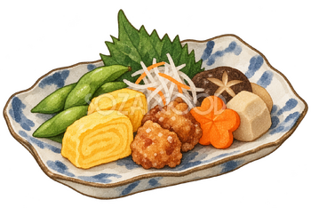 卓上の軽食の水彩イラスト｜納会の無料素材 106359