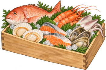 魚介の返礼品箱の水彩イラスト｜ふるさと納税の無料素材 106366