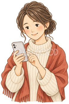 スマートフォンで申し込む女性の水彩イラスト｜ふるさと納税の無料素材 106370