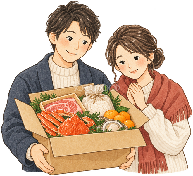 返礼品を受け取る夫婦 返礼品を受け取る夫婦