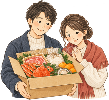 返礼品を受け取る夫婦の水彩イラスト｜ふるさと納税の無料素材 106372