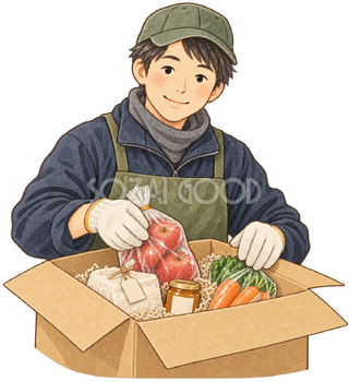特産品を梱包する生産者の水彩イラスト｜ふるさと納税の無料素材 106377
