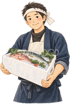 初荷を受け取る店主の水彩イラスト｜初荷の無料素材 106381