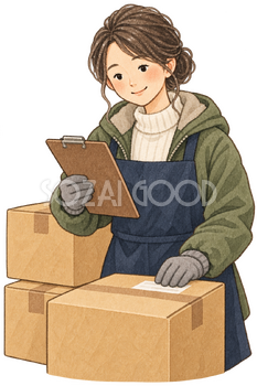 荷物を確認する女性の水彩イラスト｜初荷の無料素材 106384
