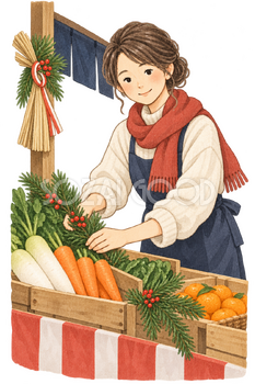 店先を整える女性の水彩イラスト｜初荷の無料素材 106387