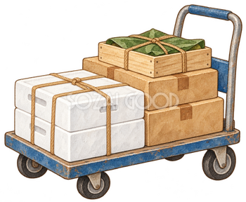 商品を運ぶ台車の水彩イラスト｜初荷の無料素材 106391
