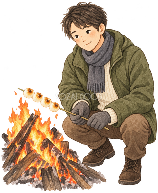団子を焼く男性 団子を焼く男性