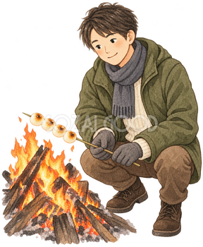 団子を焼く男性の水彩イラスト｜どんど焼きの無料素材 106392