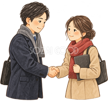 新年に挨拶する取引先二人の水彩イラスト｜初荷の無料素材 106393