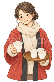 甘酒を配る女性の水彩イラスト｜どんど焼きの無料素材 106401