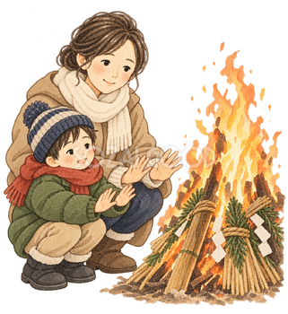 火を囲む親子の水彩イラスト｜どんど焼きの無料素材 106402