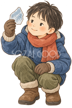 氷を観察する子どもの水彩イラスト｜大寒の無料素材 106412