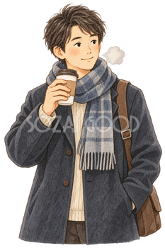 寒い朝の男性の水彩イラスト｜小寒の無料素材 106413