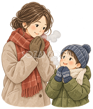 白い息の親子の水彩イラスト｜小寒の無料素材 106417