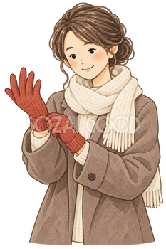 手袋をはめる女性の水彩イラスト｜小寒の無料素材 106423