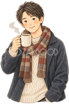 温かいマグを持つ男性の水彩イラスト｜小寒の無料素材 106424