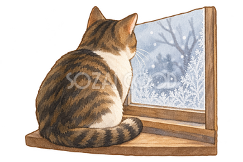 冷えた窓辺の猫の水彩イラスト｜小寒の無料素材 106427