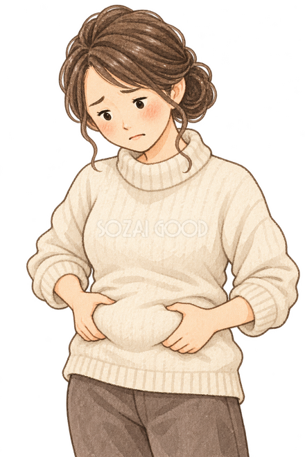 お腹を気にする女性 お腹を気にする女性