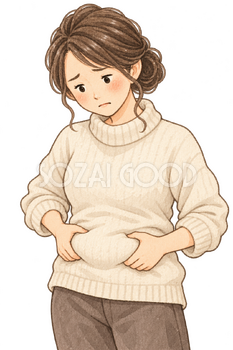 お腹を気にする女性の水彩イラスト｜正月太りの無料素材 106433