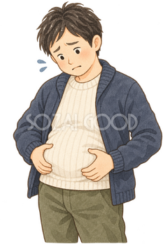 お腹を気にする男性の水彩イラスト｜正月太りの無料素材 106434