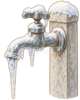 凍った屋外蛇口の水彩イラスト｜水道凍結の無料素材 106437