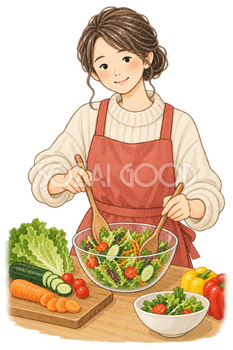 野菜の食事を用意する女性の水彩イラスト｜正月太りの無料素材 106440