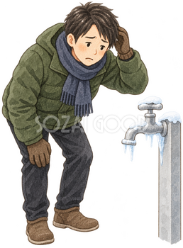 蛇口を見て困る男性の水彩イラスト｜水道凍結の無料素材 106441